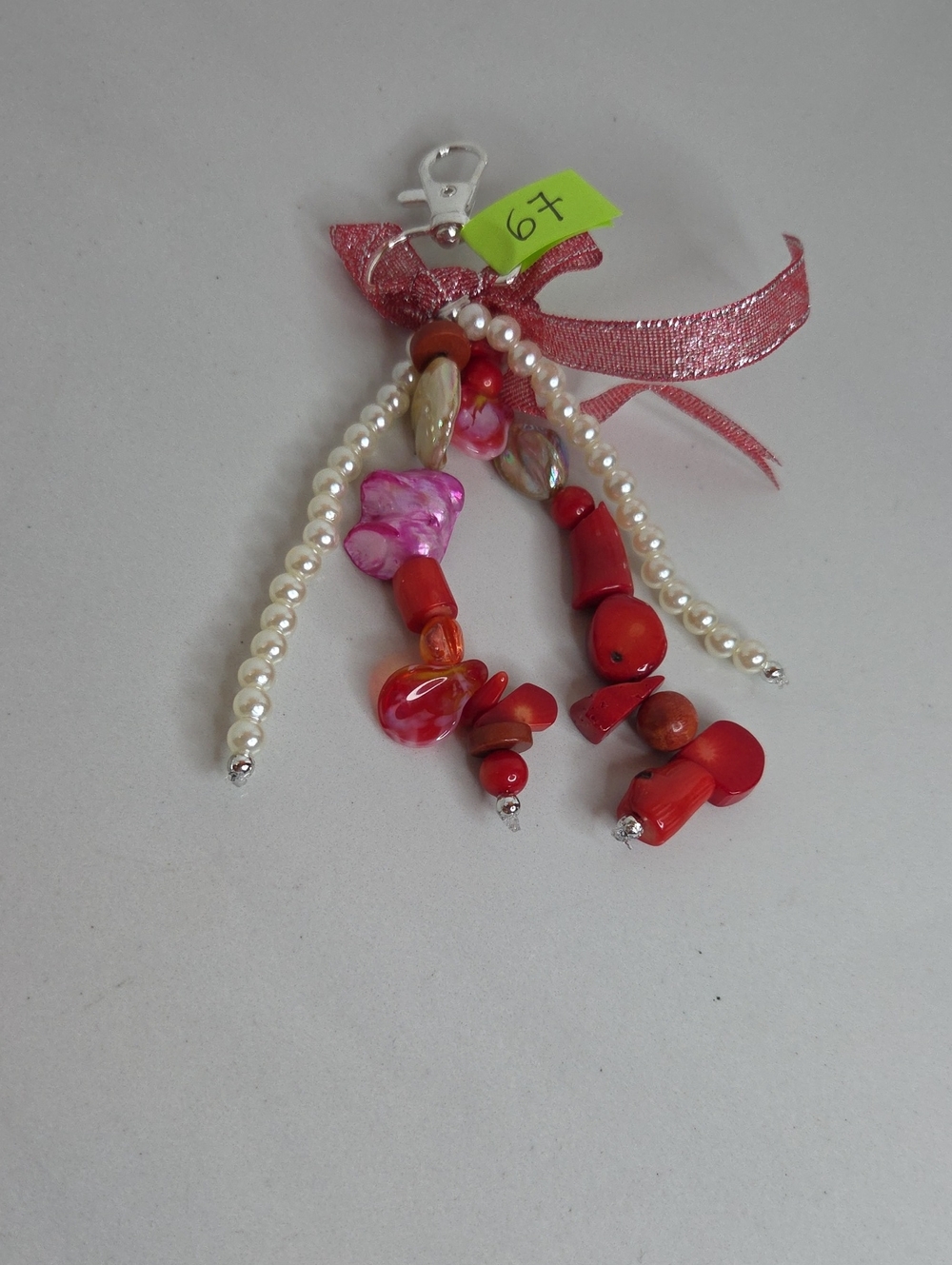 67 - Handmade Red and Pink Beaded Bag Charm with Pearl Accents